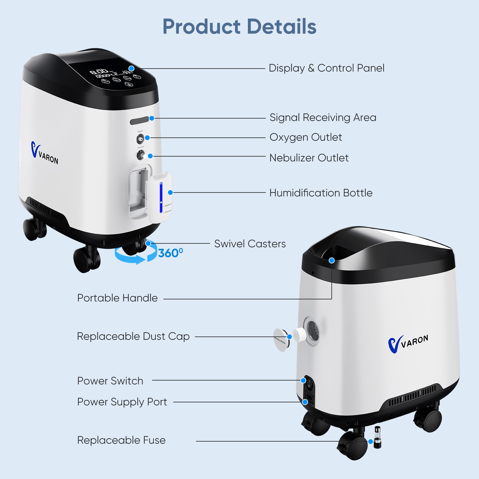 VARON Home Oxygen Concentrator 105W Pro Wheel Edition (1-9 settings)