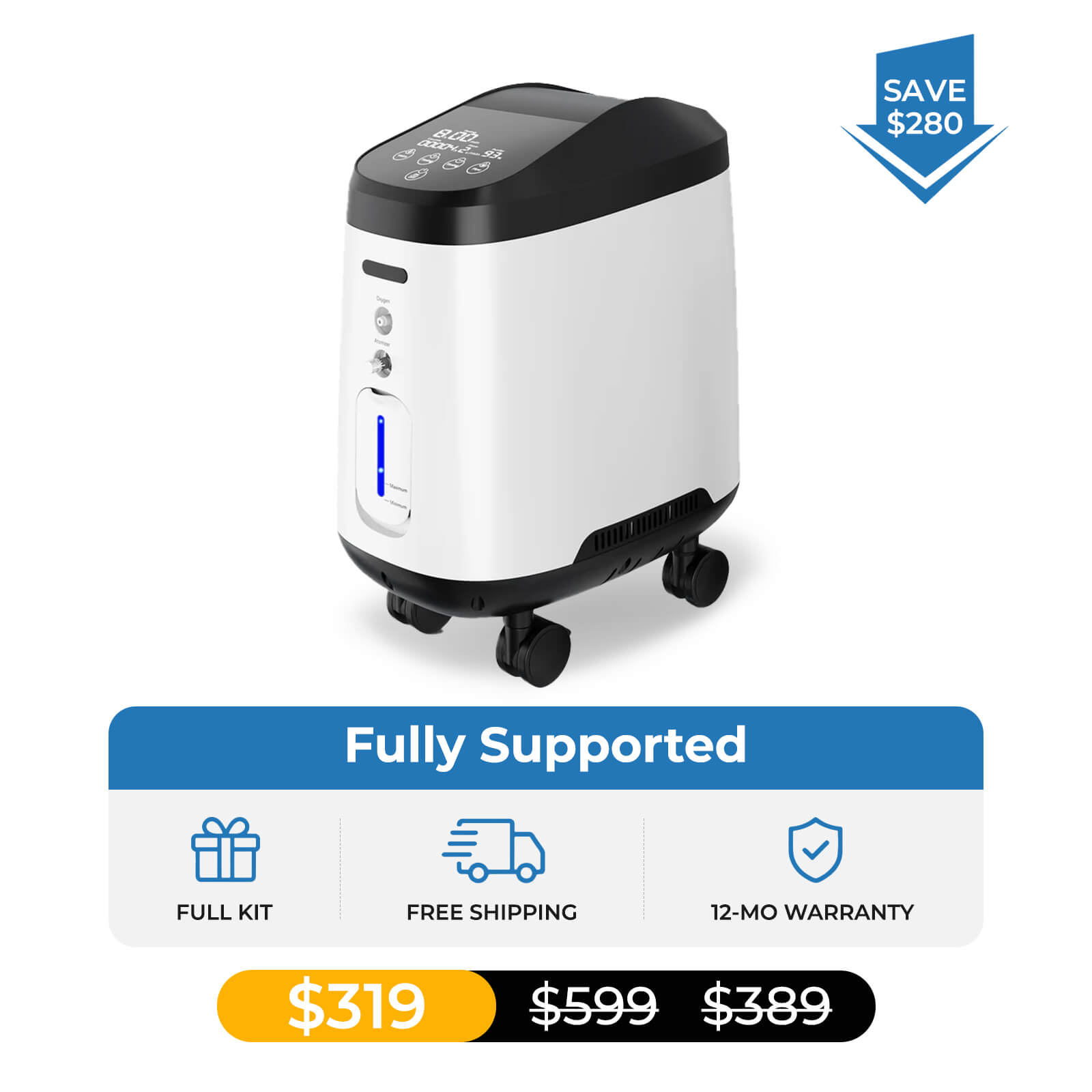 VARON Home Oxygen Concentrator 105W Pro Wheel Edition (1-9 settings)