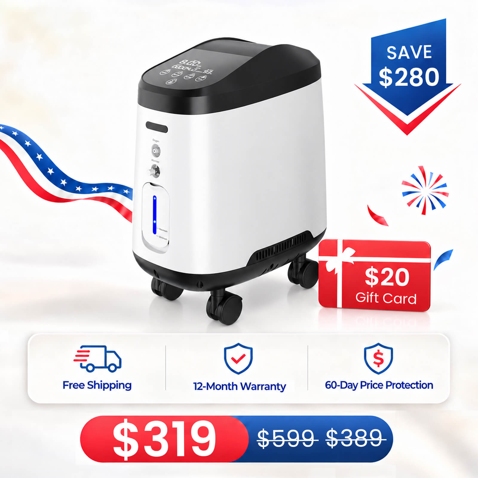 VARON Home Oxygen Concentrator 105W Pro Wheel Edition (1-9 settings)