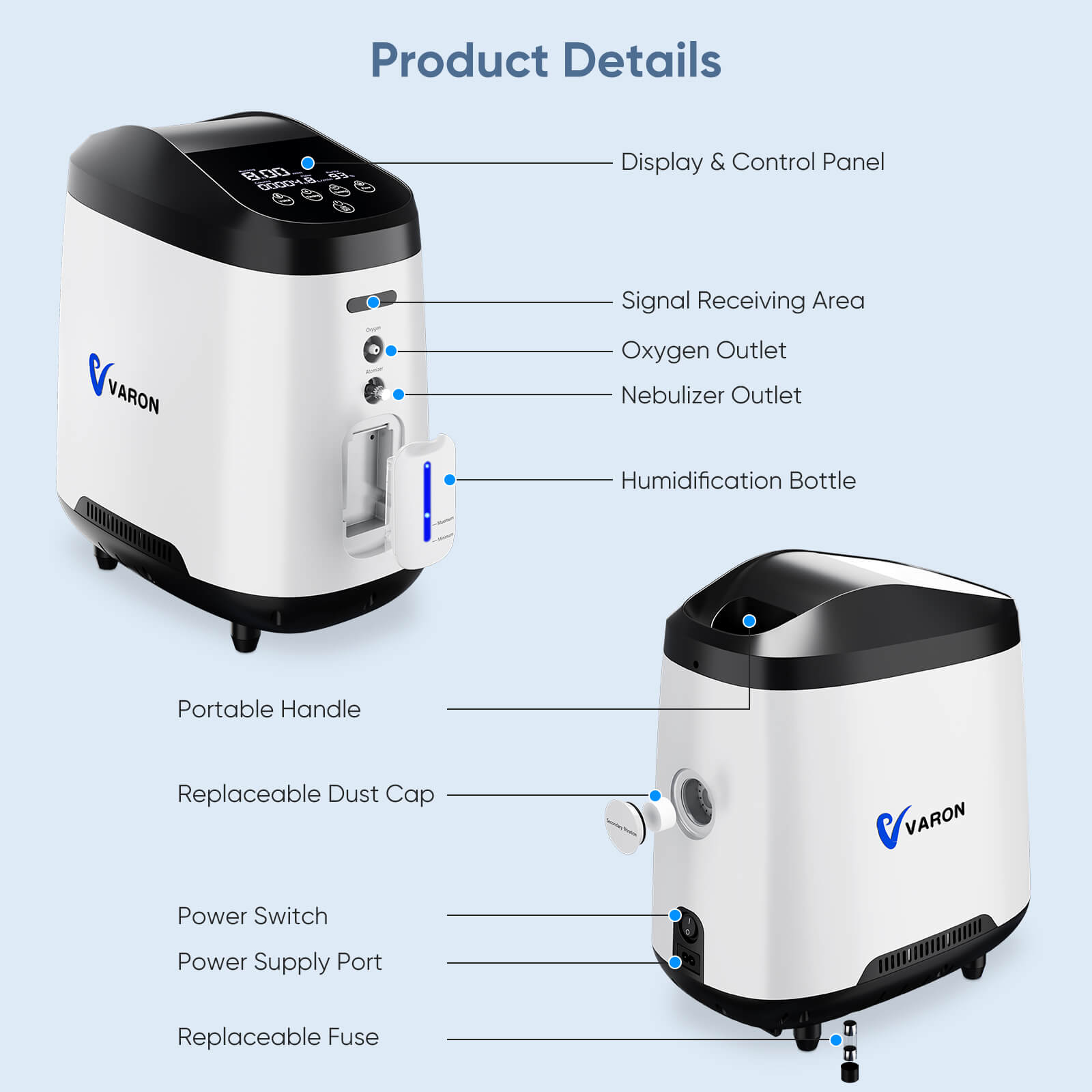 VARON 1-8L/Min Home Oxygen Concentrator 105W Pro