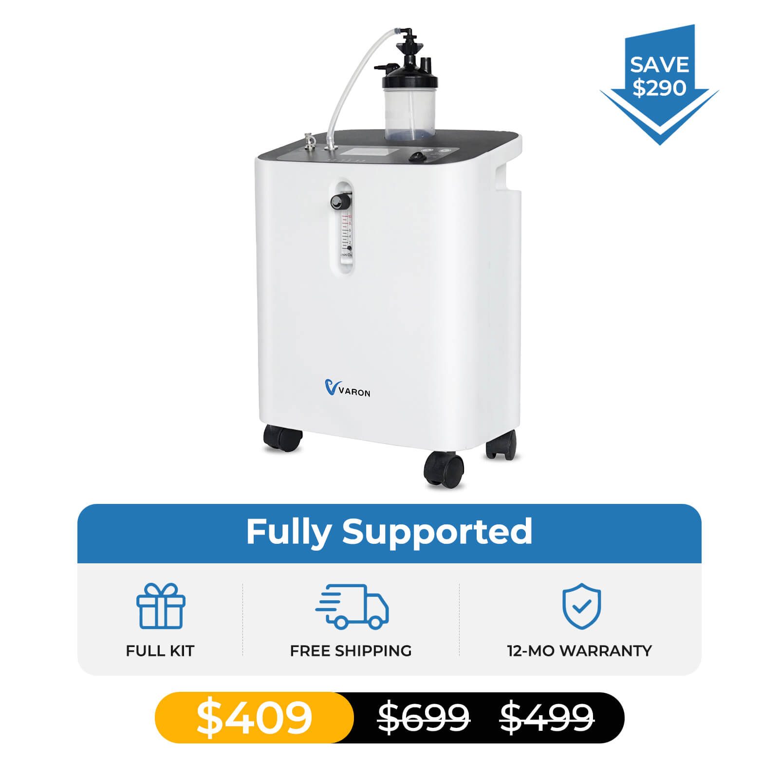 VARON Serene 3 Quiet Home Oxygen Concentrator | 1-10L/min Flow Settings