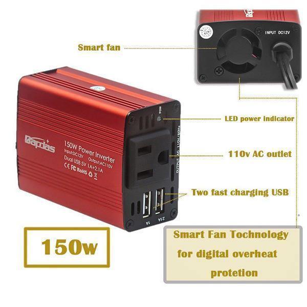 150W Car Power Inverter DC 12V to 110V AC Car Converter with 3.1A Dual USB Car Adapter-Red