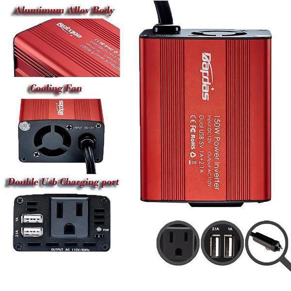 150W Car Power Inverter DC 12V to 110V AC Car Converter with 3.1A Dual USB Car Adapter-Red